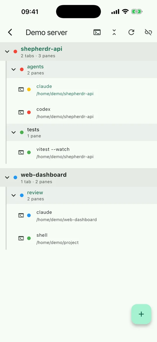 Live tree of herdr workspaces